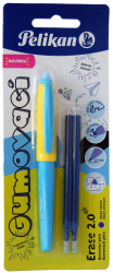 Gumovací pero žluto modré,1 ks+2náplně